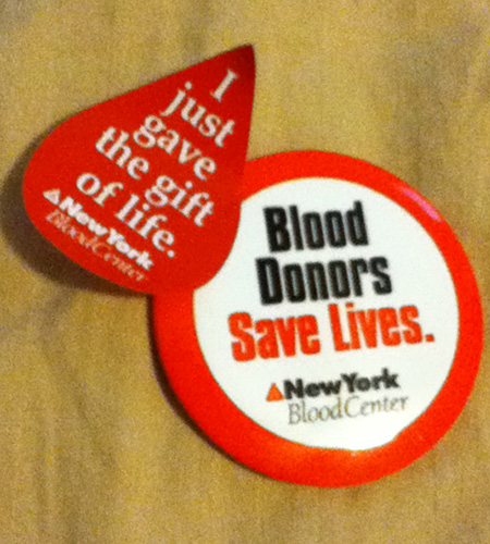 NY blood donation button and sticker
