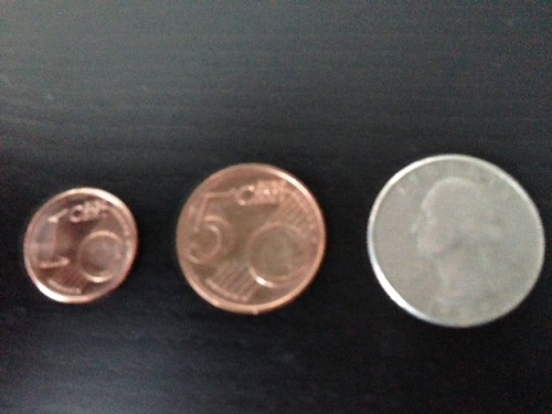 1 and 5 euro cent pieces and a quarter