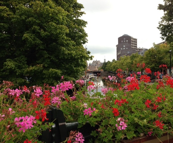 canal in The Hague with flowers