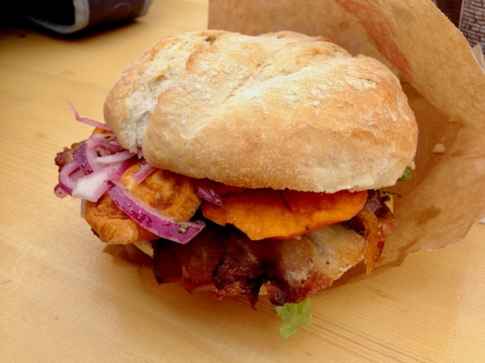 Pork with sweet potato burger