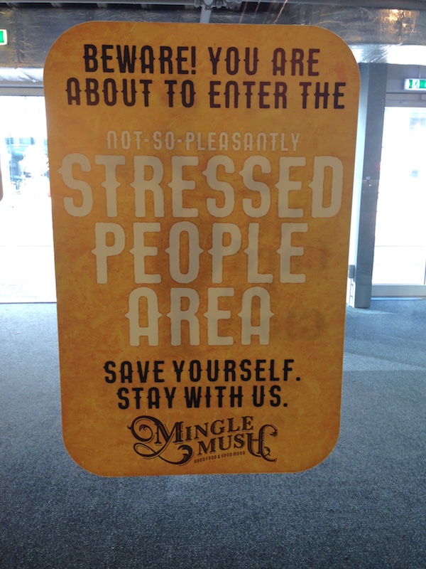 Sign at MingleMush in The Hague - stressed people