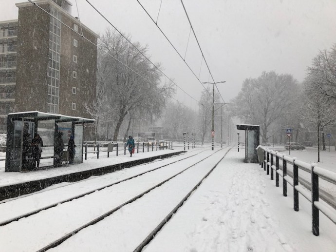 Tram stop Reigerbergersweg in the snow, The Hague, December 2017
