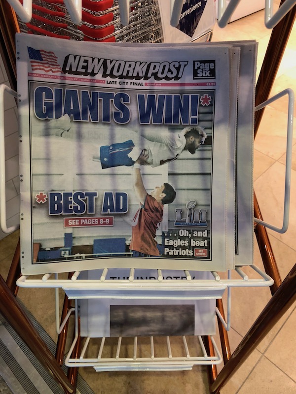 New York Post - joke about Giants winning best ad during the Super Bowl