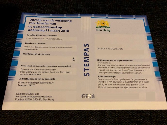 Stempas or voting pass for The Hague, 2018